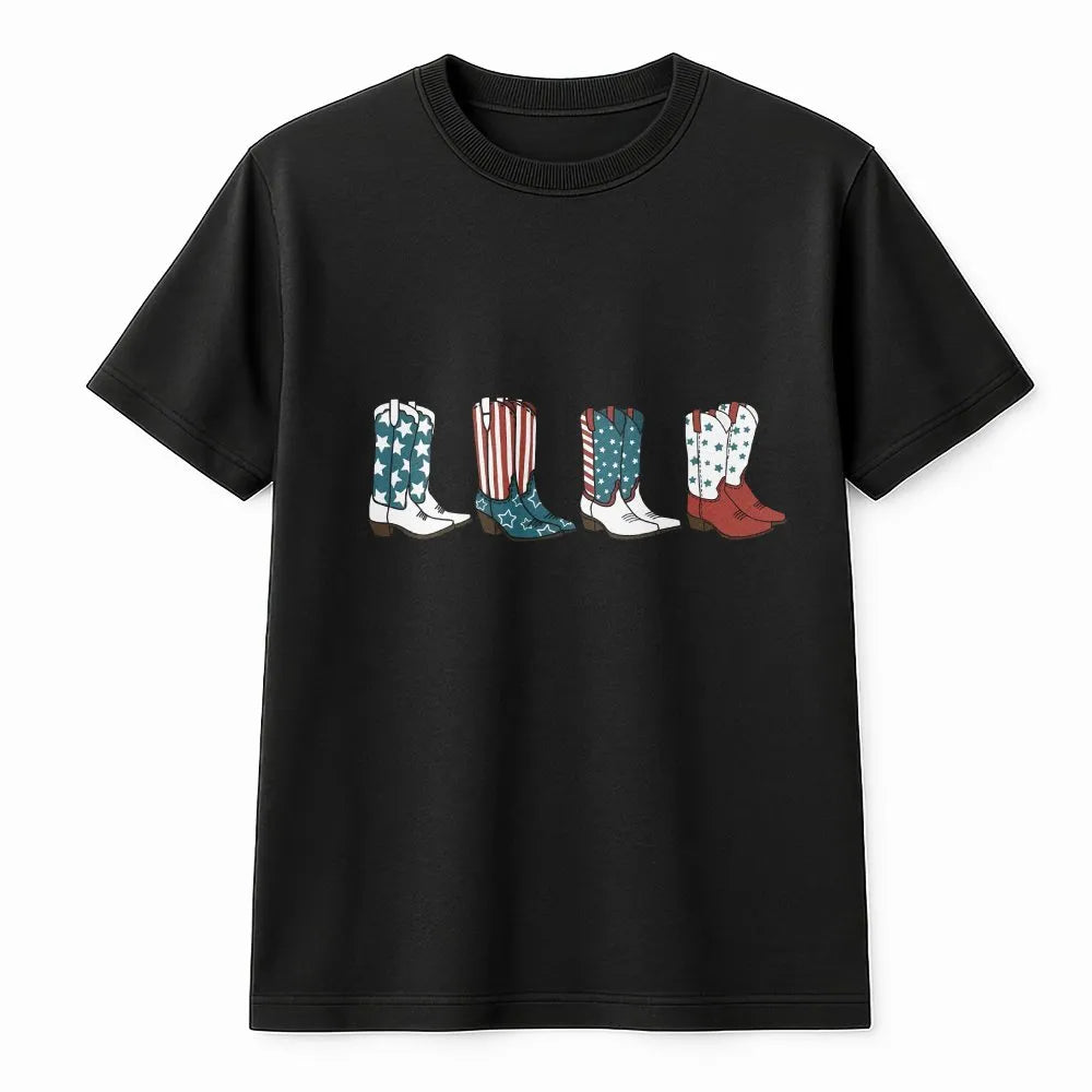 Patriotic Cowgirl T-Shirt | American Flag Cowboy Boots Graphic | Soft Cotton Blend | 4th of July USA Gift for Women