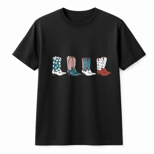 Patriotic Cowgirl T-Shirt | American Flag Cowboy Boots Graphic | Soft Cotton Blend | 4th of July USA Gift for Women