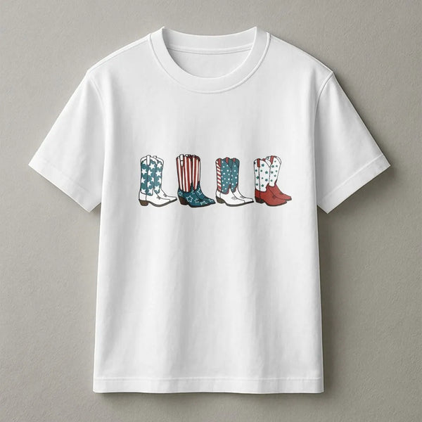 Patriotic Cowgirl T-Shirt | American Flag Cowboy Boots Graphic | Soft Cotton Blend | 4th of July USA Gift for Women