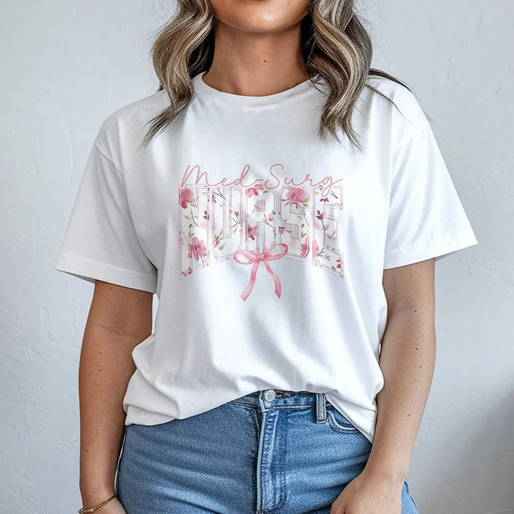 Med Surg Nurse T-Shirt | Aesthetic Floral Bow Graphic | Soft Cotton Tee | Nurse Graduation Gift for Medical Student
