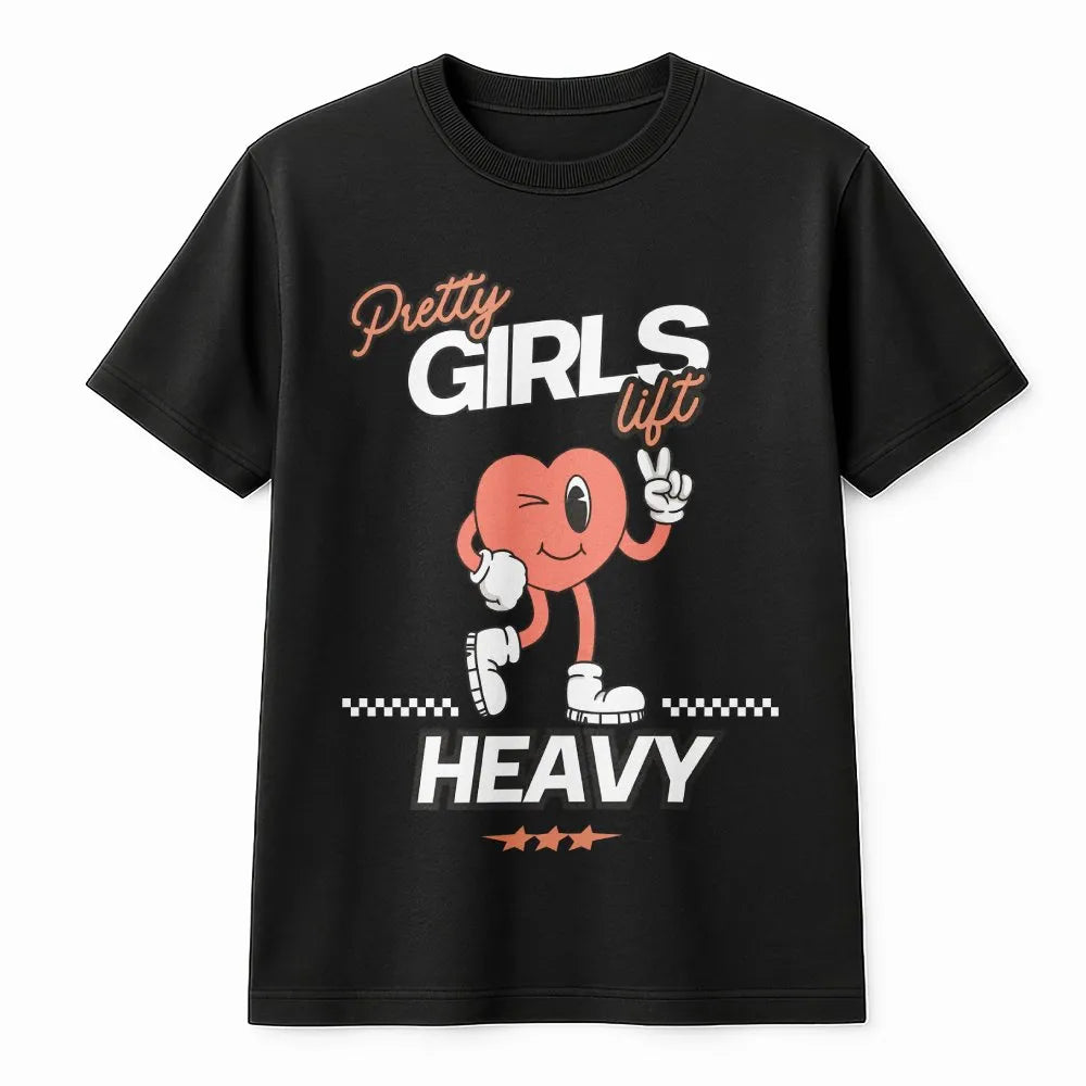 Pretty Girls Lift Heavy T-Shirt | Retro Cartoon Heart Graphic | Soft Breathable Cotton | Funny Workout Gift for Women