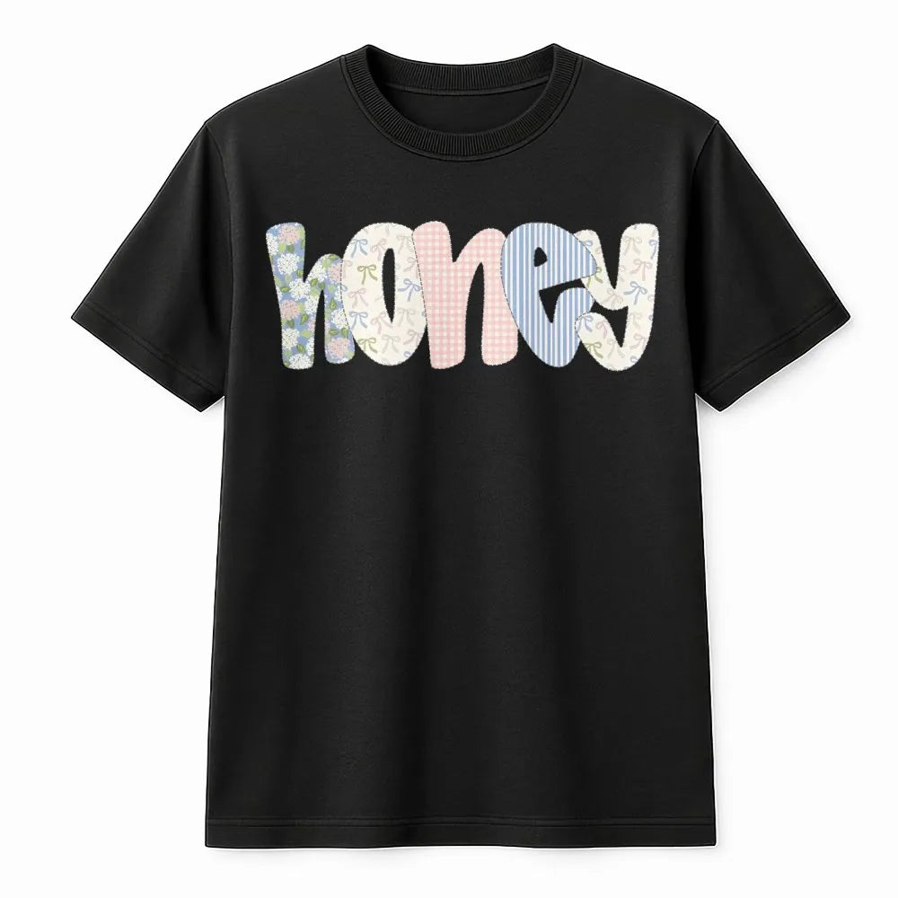 Coquette Honey Sweatshirt | Preppy Floral Bow Patchwork Graphic | Soft Cotton Blend | Aesthetic Spring Gift for Her