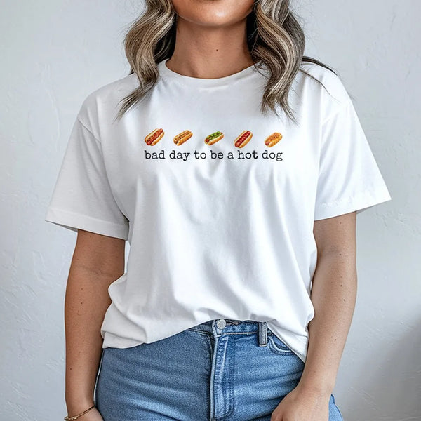 Funny Hot Dog T-Shirt | Bad Day to Be a Hot Dog Graphic | Soft Cotton Blend Pullover | 4th of July BBQ Gift for Women