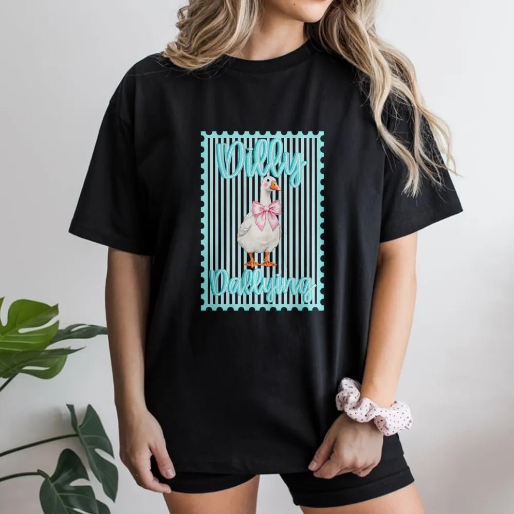 Coquette Goose Sweatshirt | Dilly Dallying Pink Bow Stamp Design | Soft Cotton Blend | Preppy Aesthetic Gift for Her