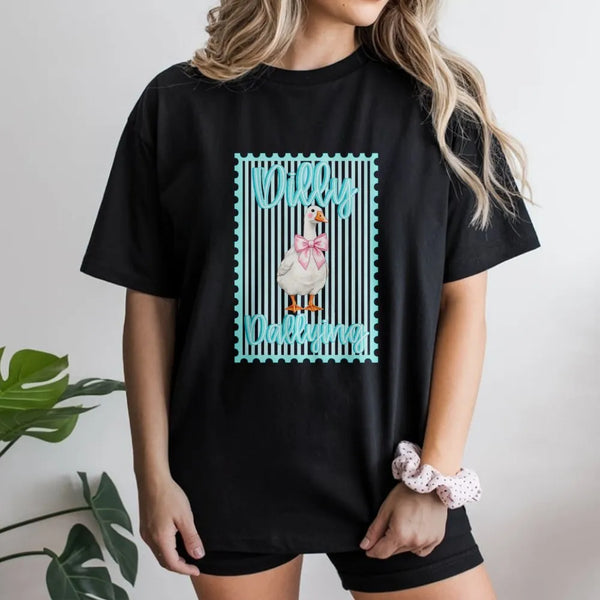 Coquette Goose Sweatshirt | Dilly Dallying Pink Bow Stamp Design | Soft Cotton Blend | Preppy Aesthetic Gift for Her