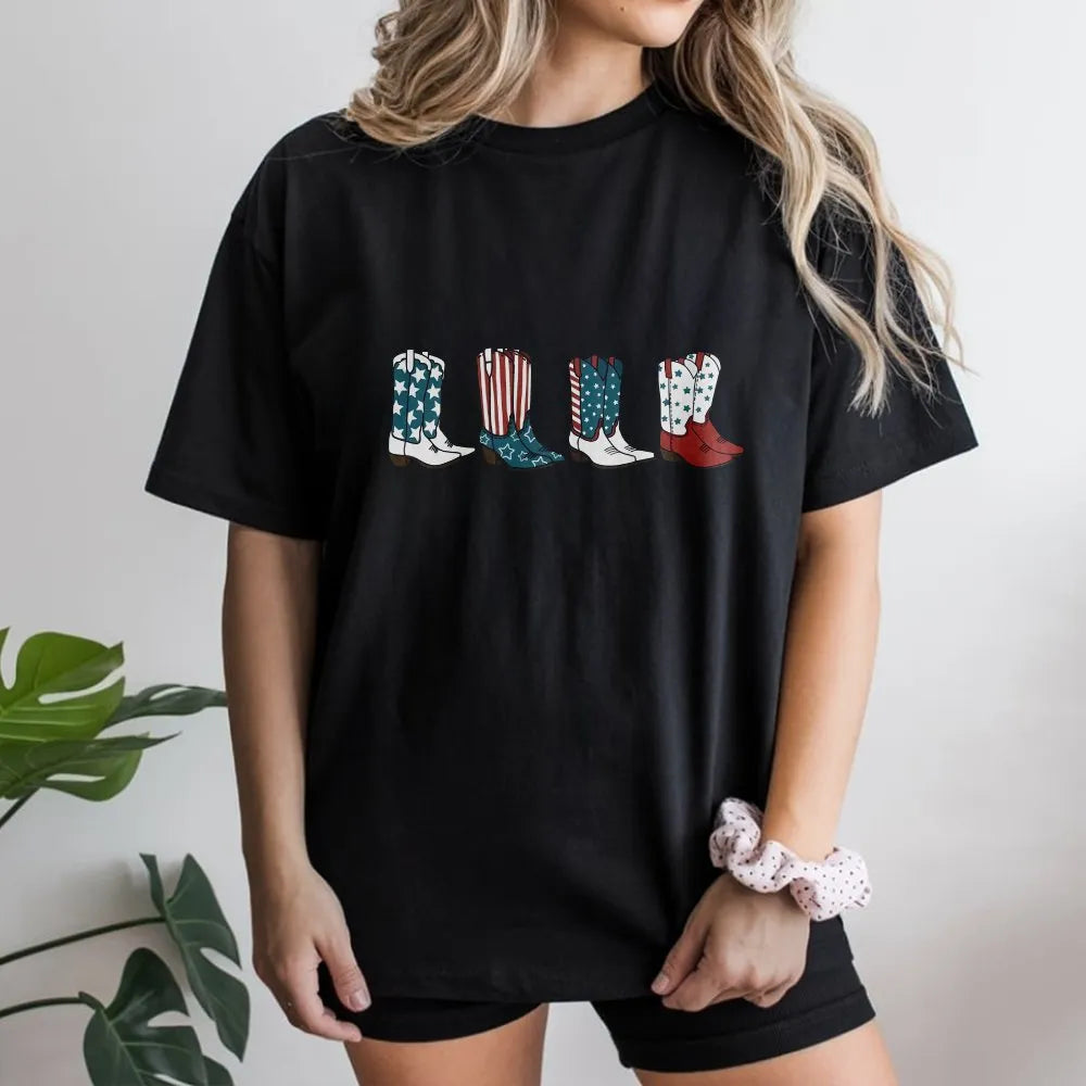 Patriotic Cowgirl T-Shirt | American Flag Cowboy Boots Graphic | Soft Cotton Blend | 4th of July USA Gift for Women
