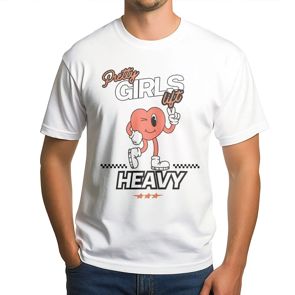 Pretty Girls Lift Heavy T-Shirt | Retro Cartoon Heart Graphic | Soft Breathable Cotton | Funny Workout Gift for Women