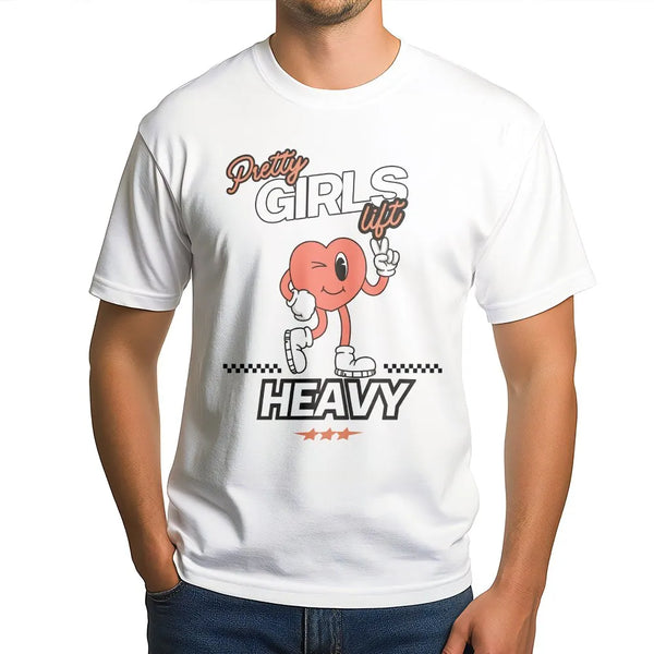 Pretty Girls Lift Heavy T-Shirt | Retro Cartoon Heart Graphic | Soft Breathable Cotton | Funny Workout Gift for Women
